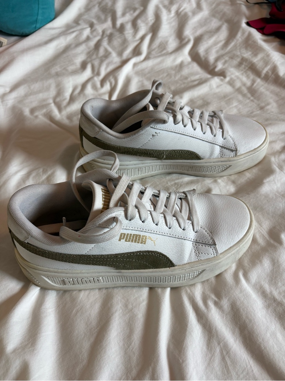 Puma White Leather Sneakers with Olive Stripe
